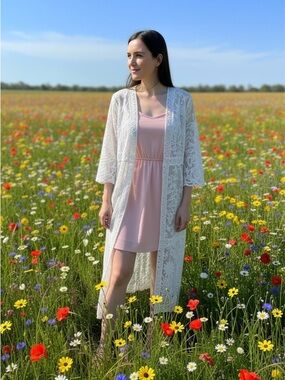 Sundance White Floral Lace/mesh,lightweight topper for dresses and swimsuites.